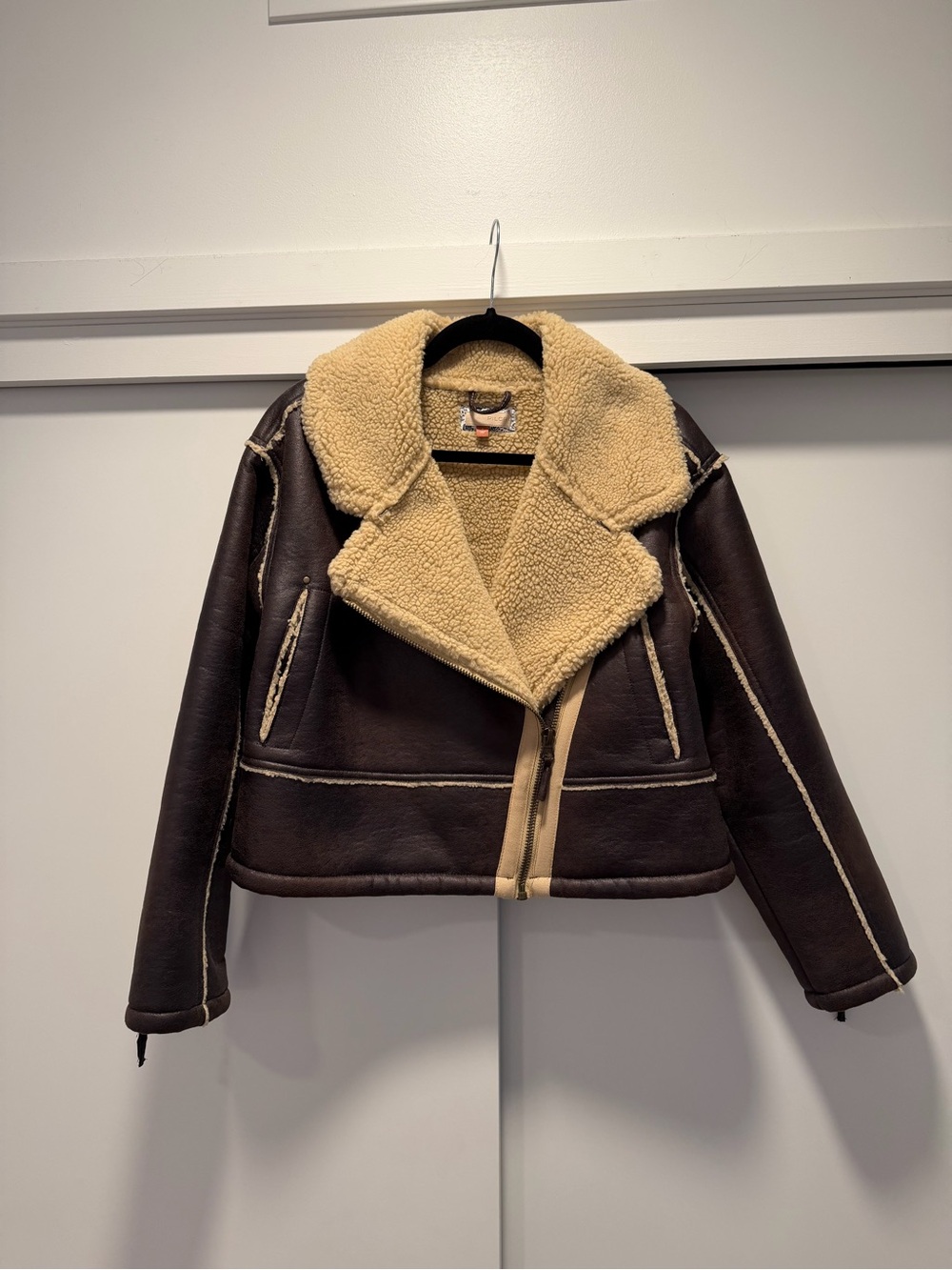 Pilcro Brown Faux Shearling Aviator Jacket with Cream Lining